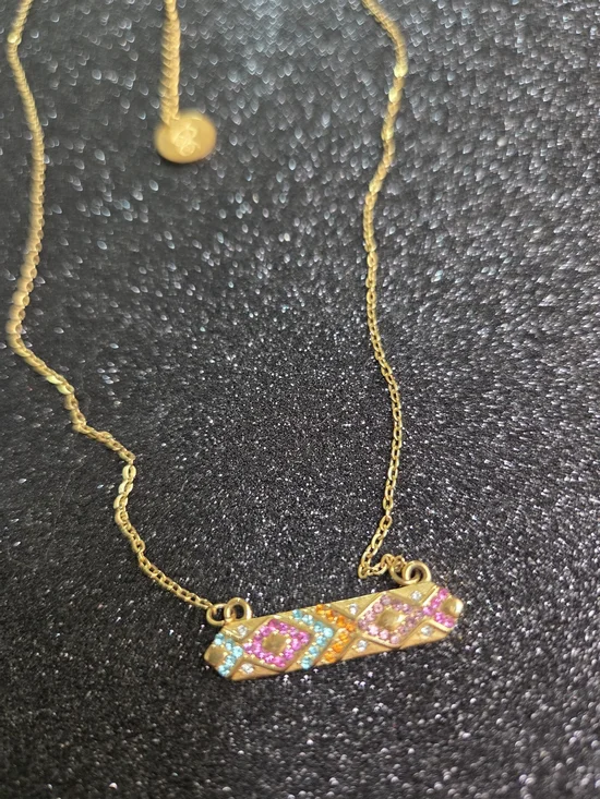 Plunder "Ella" Gold Bar Necklace with Pink and Blue Accents Non Tarnish - Picture 5 of 9